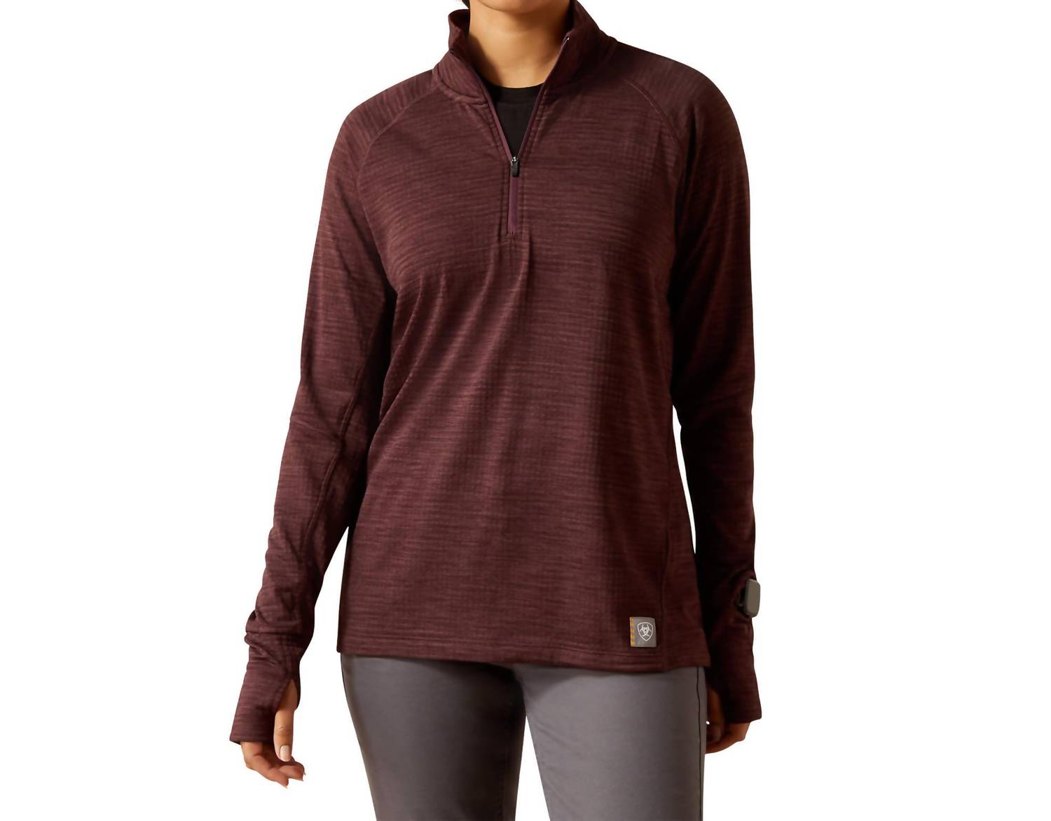 ARIAT Women's Gridwork Long Sleeve Zip Up Top in burgundy - women's long sleeve top