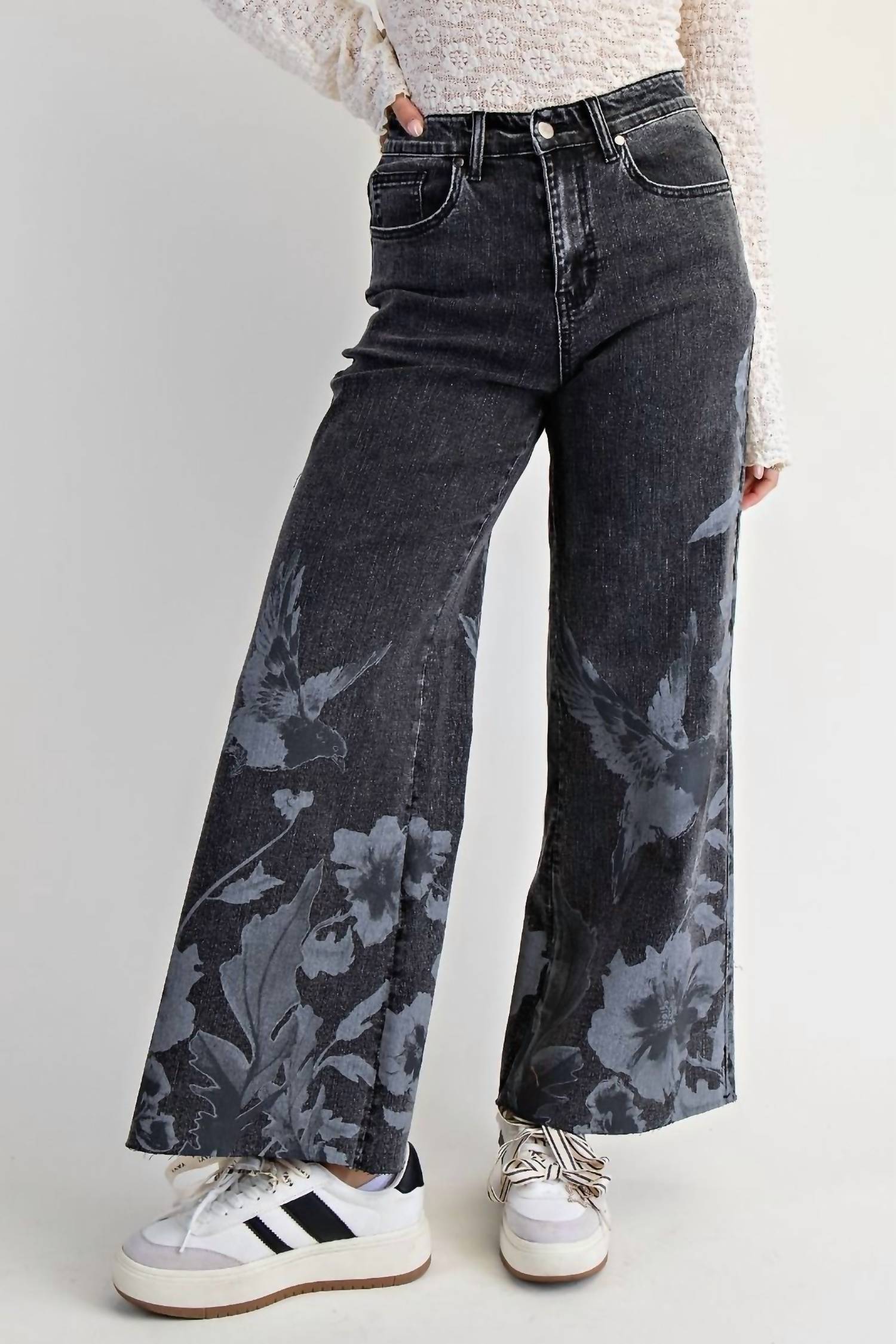 Easel Floral Bird Stretch Denim Pants in black denim wash - women's jeans - view 4