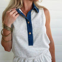 Faire - Denim Patchwork Polo Elastic Waist Romper
