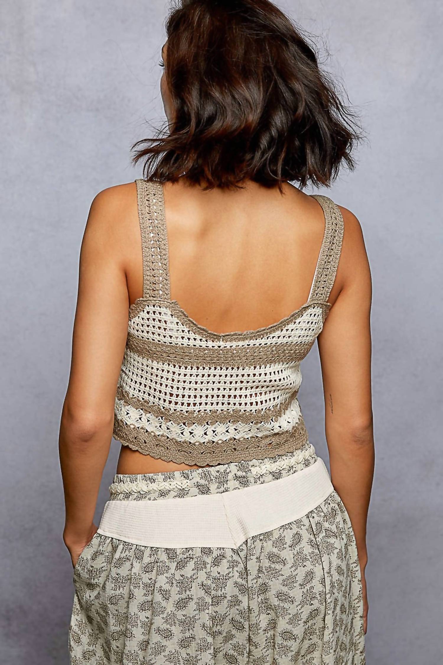 Pol - Sofia Floral Embroidery Crochet Striped Crop Top