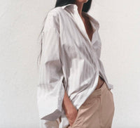 Rabens Saloner Bobbie Striped Oversized Button Down Shirt in dirty chalk stripe - women's shirt - detail view