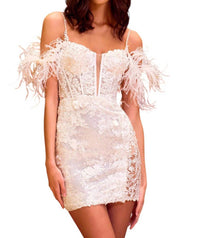 Sherri Hill Feather Sleeve Sequin Lace Dress in ivory - women's dress