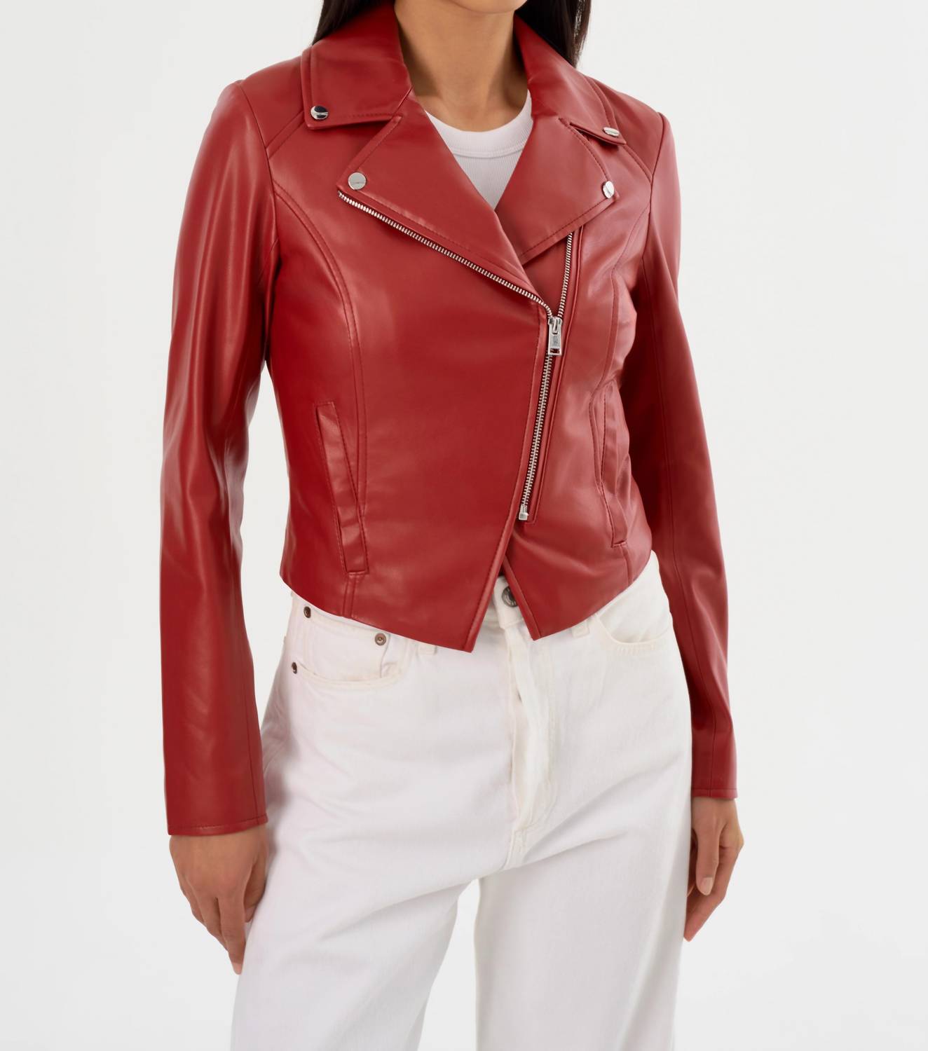 LAMARQUE Pascale Faux Leather Jacket in crimson - women's jacket - detail view