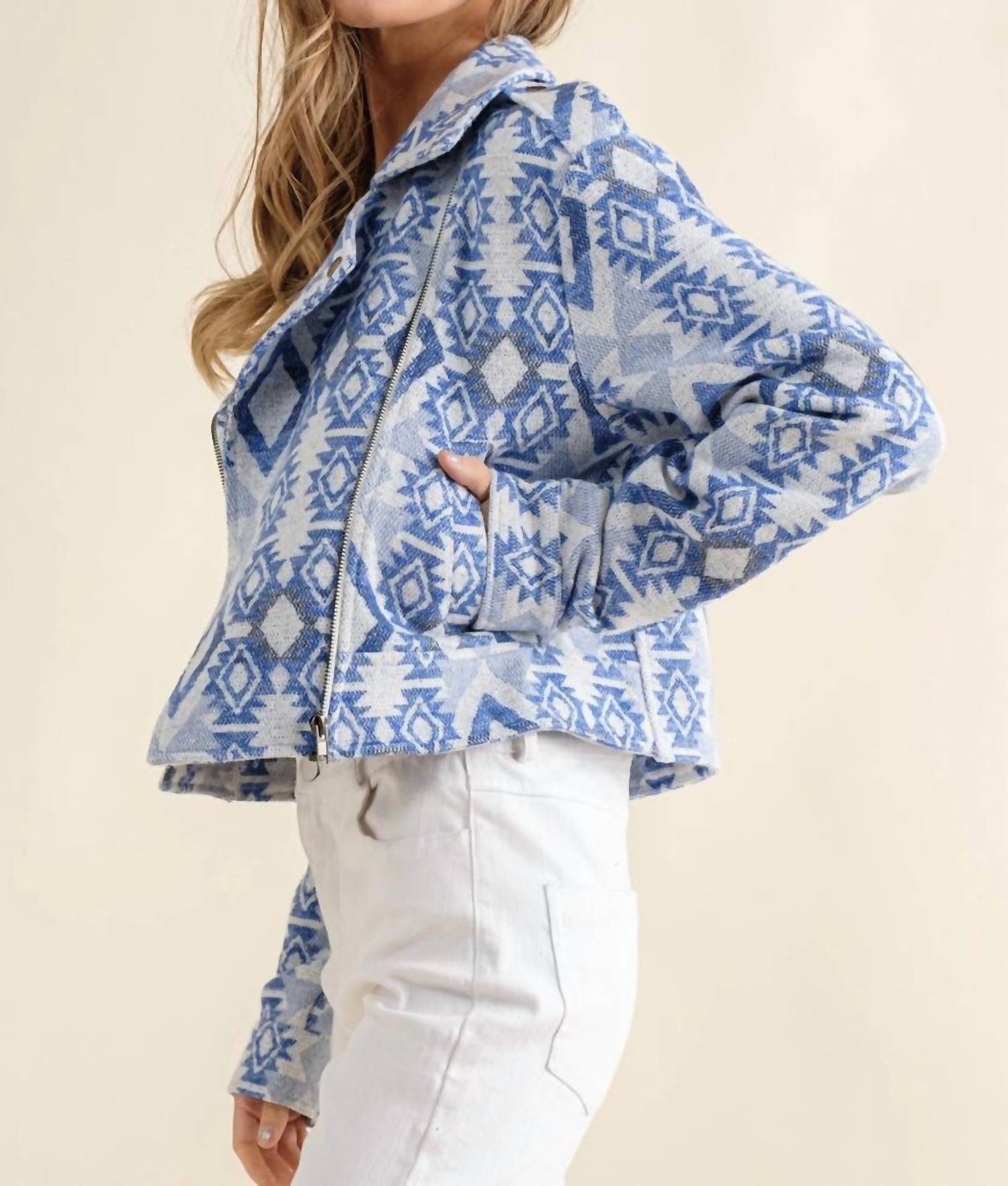 Blue B - Jacquard Aztec Crop Moto Jacket