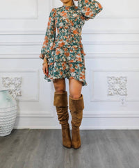 Surelymine - Bubble Sleeves Floral Cutout Laced Mini Dress