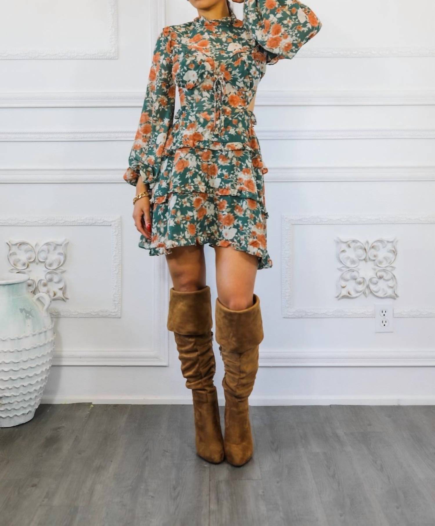 Surelymine - Bubble Sleeves Floral Cutout Laced Mini Dress