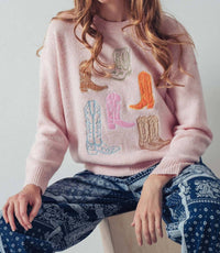 Urban Daizy Western Embroidered Cowboy Boot Sweater in pink - women's sweater - view 6