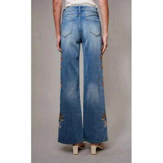 Blue B - Women's Floral Embroidered Wide Leg Denim Pants