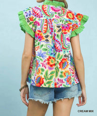 Umgee - Ruffle Trim Paisley Floral Top