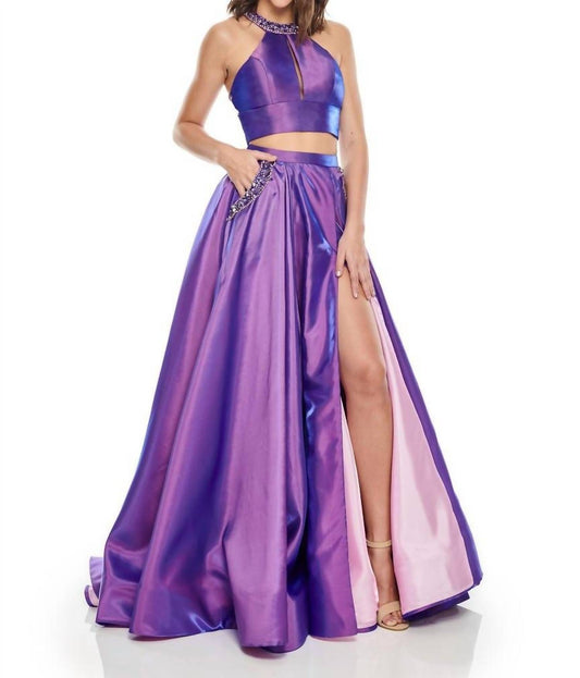 Rachel Allan - Two-piece Beaded Halter Ballgown With High Slit