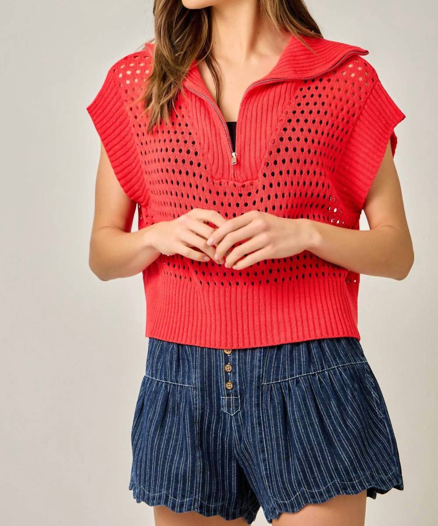 Mystree - Fishnet Zip-up Short Sleeve Sweater