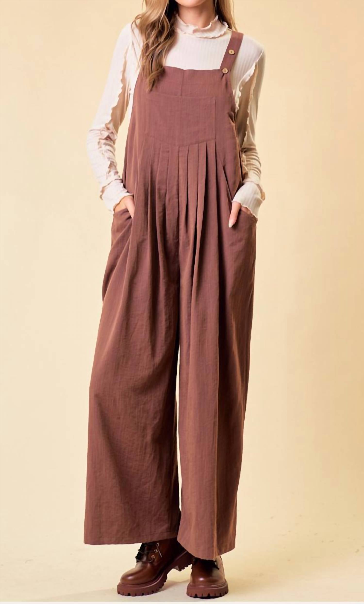 Doe and Rae Over All Wode Leg Jumpsuit in brown - women's pants