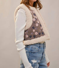 Blue B - Sherpa Lining Flower Print Faux Suede Vest