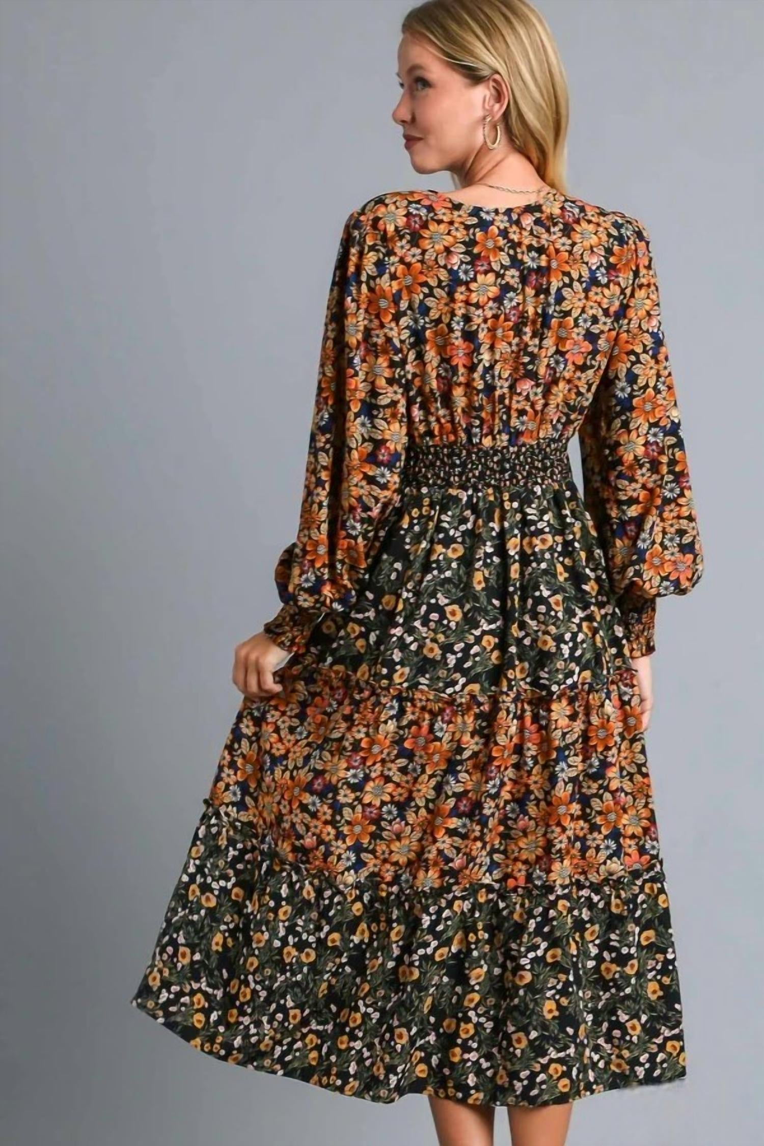 Umgee - Mixed Floral Print Midi Dress