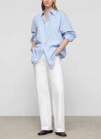 Lafayette 148 - Striped Cotton Embroidered New Yorkers Oversized Shirt