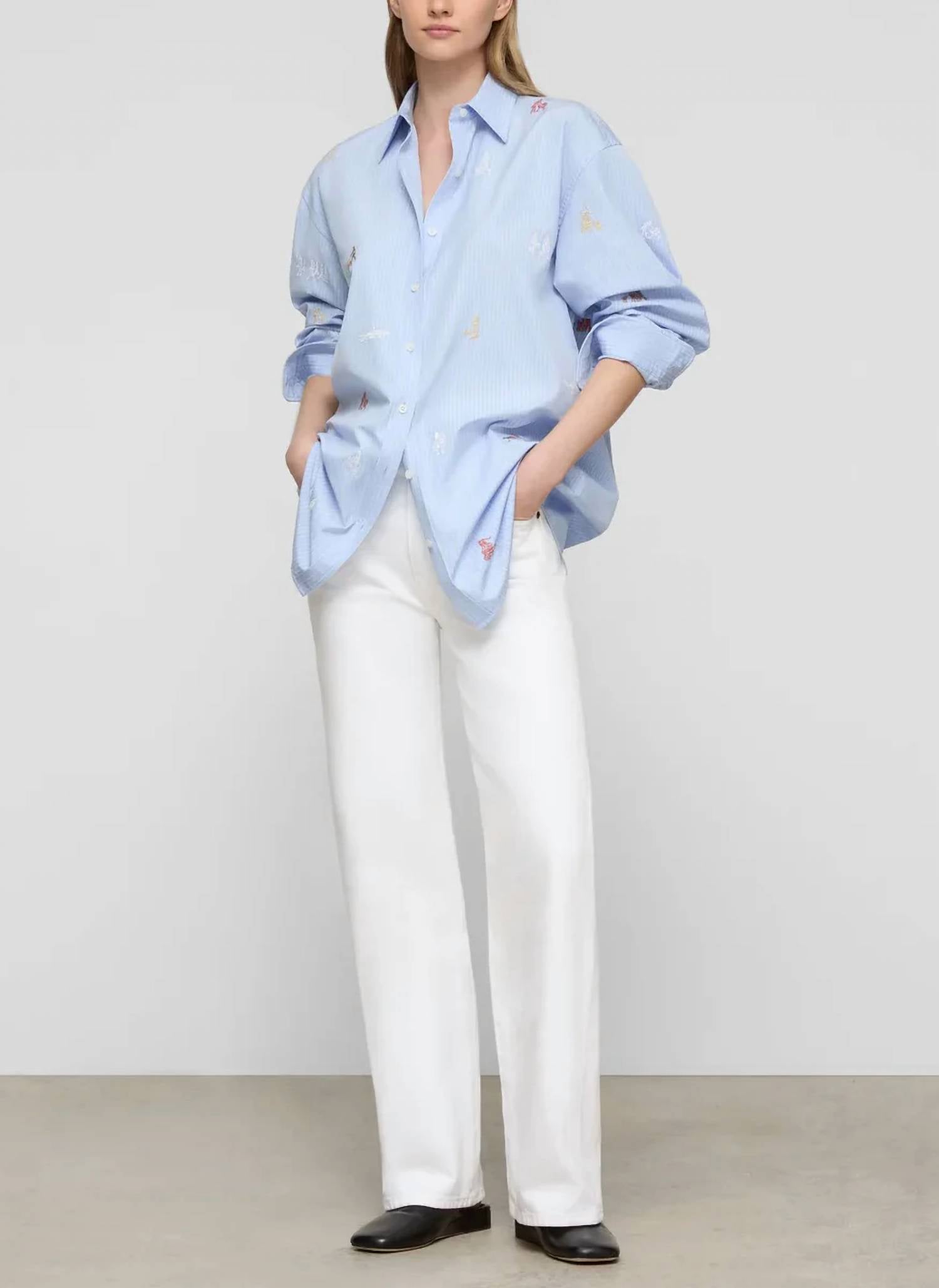 Lafayette 148 - Striped Cotton Embroidered New Yorkers Oversized Shirt