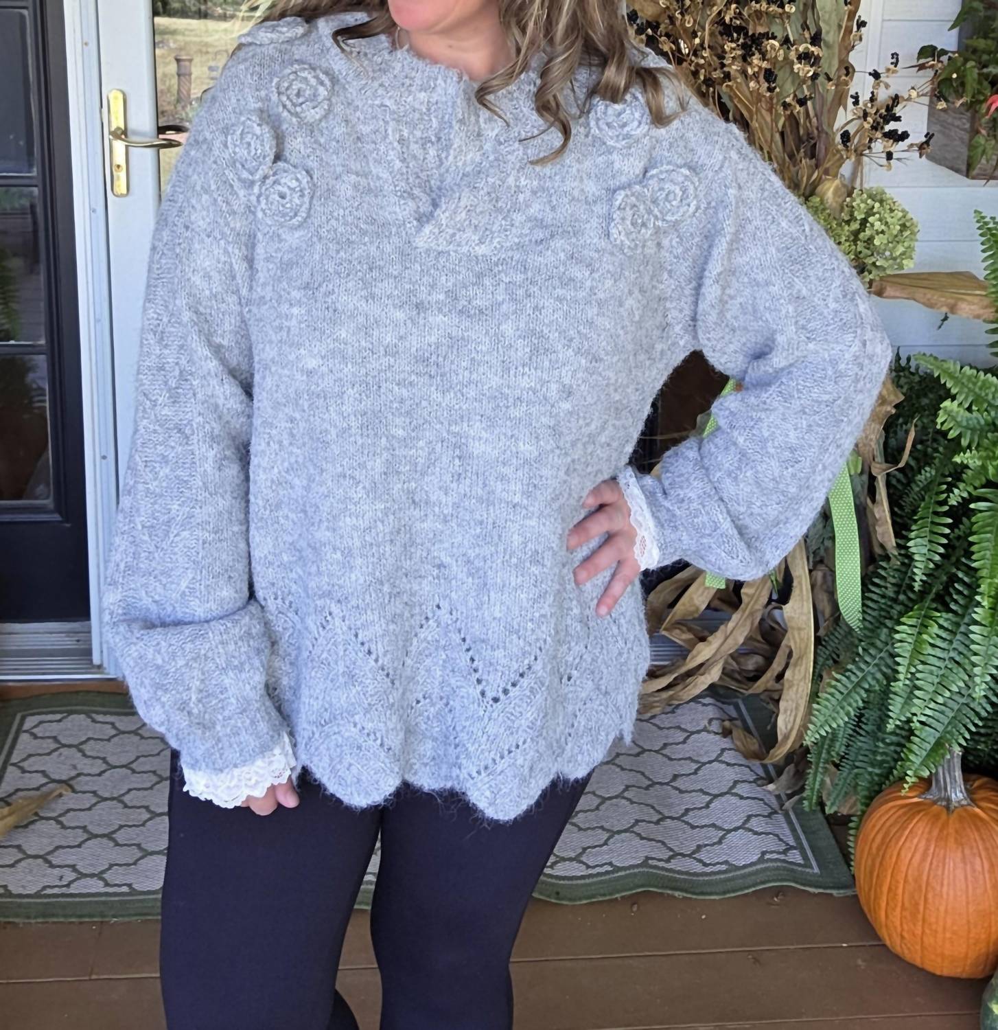 POL Floral Trim Sweater With Scallops And Lace Trim in heather grey - women's sweater - detail view