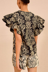 Ulla Johnson Severine Flutter Sleeve Top in noir flora - women's blouse - detail view