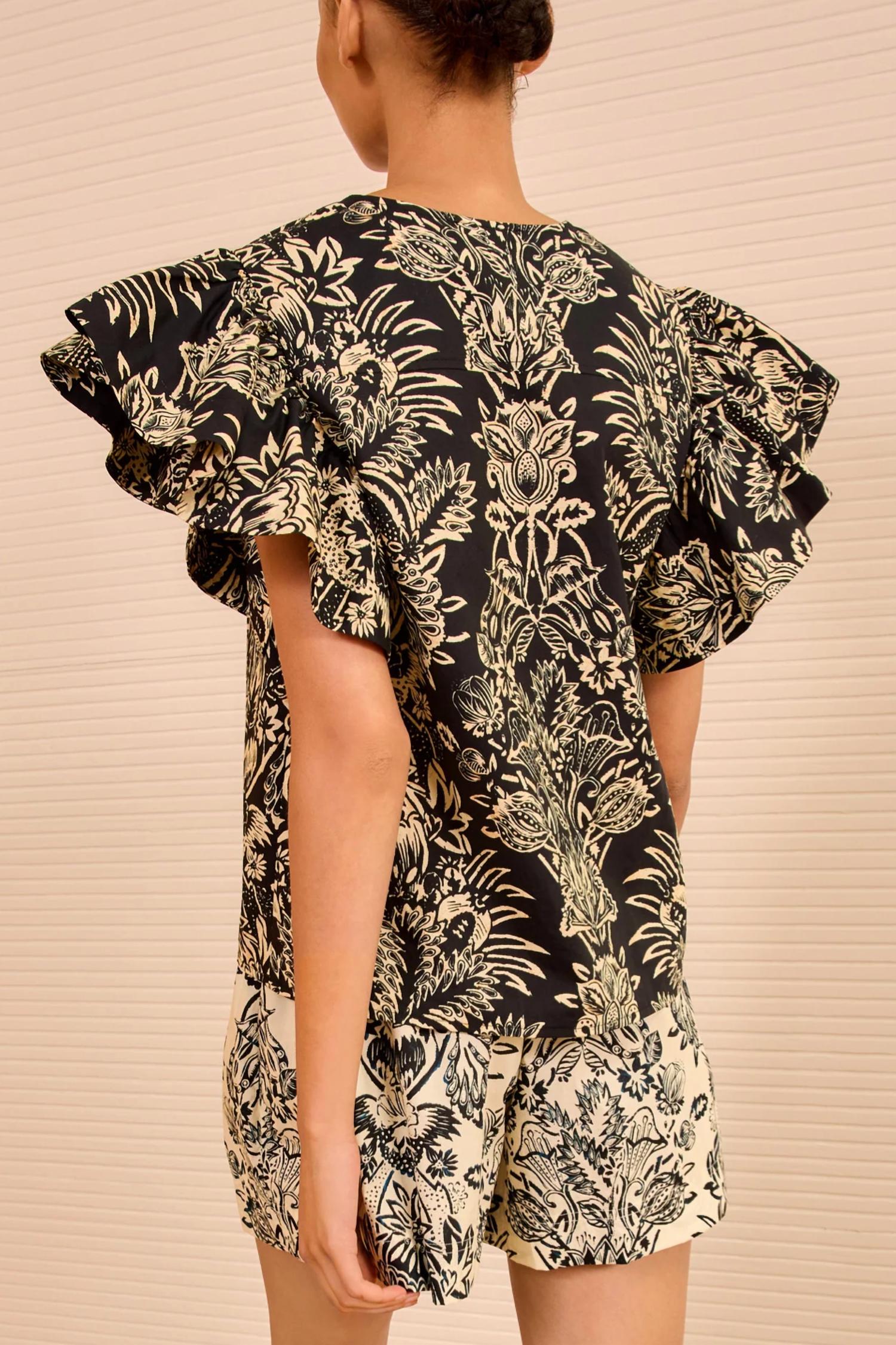Ulla Johnson Severine Flutter Sleeve Top in noir flora - women's blouse - detail view