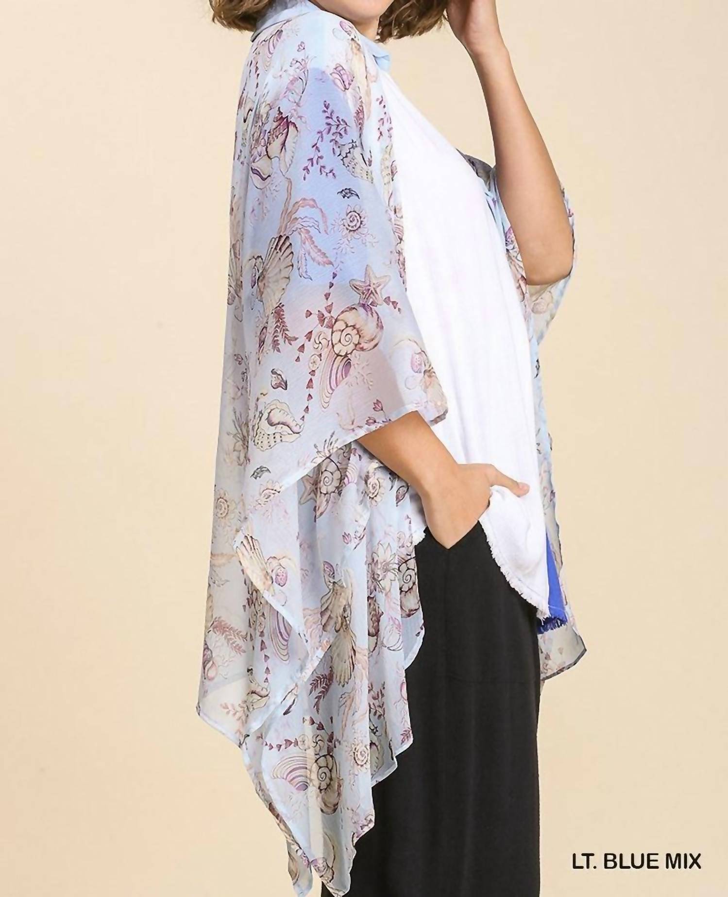 Sheer Mixed Print Kimono With Side Slit