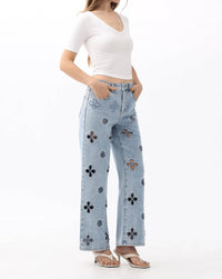 Bayeas - Eyelet And Pearl Embellished High Rise Straight Jeans