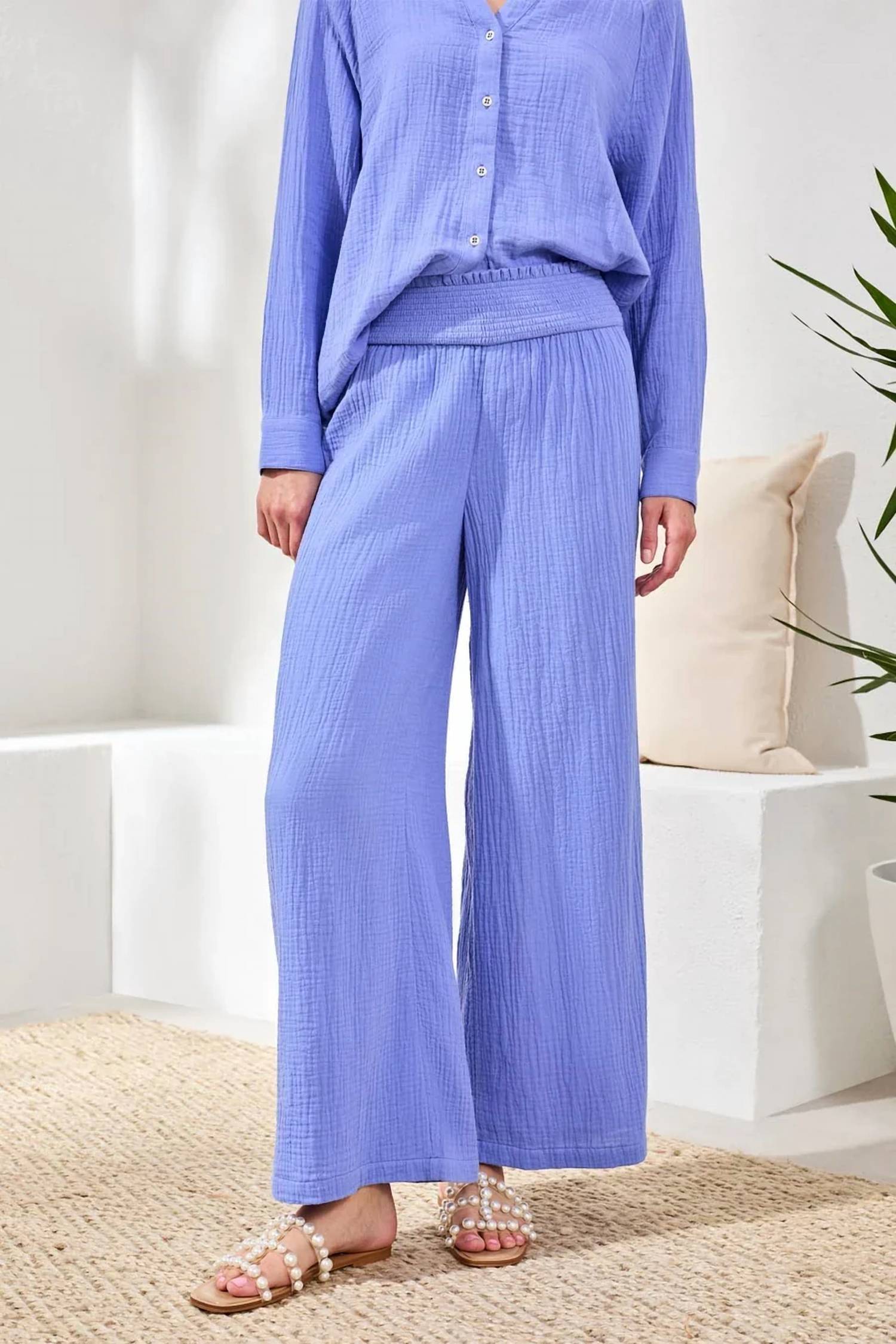 Tribal - Crinkle Gauze Elastic Waist Flowy Pants