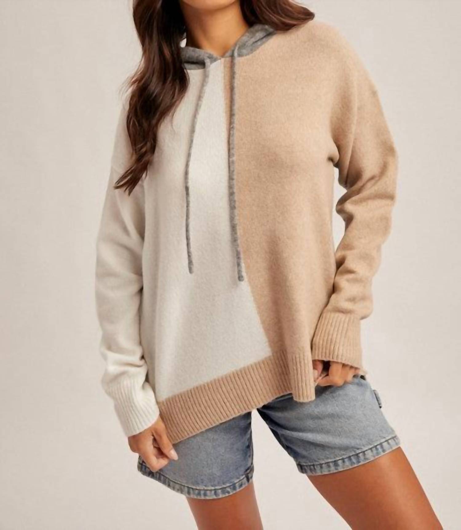 Hem & Thread - Color Block Hoodie Knit Sweater