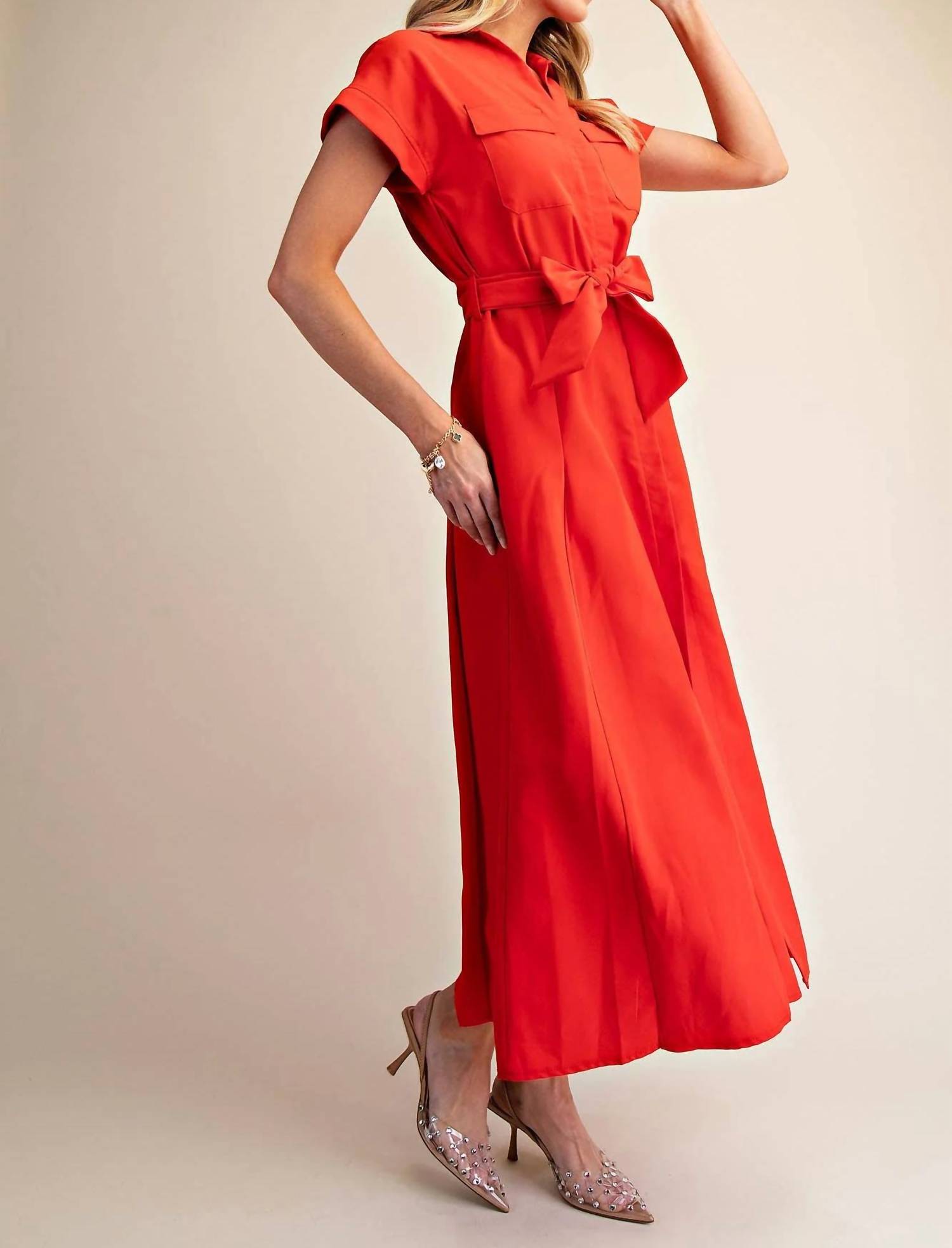 Glam - Collar V-neck Button Down Midi Dress
