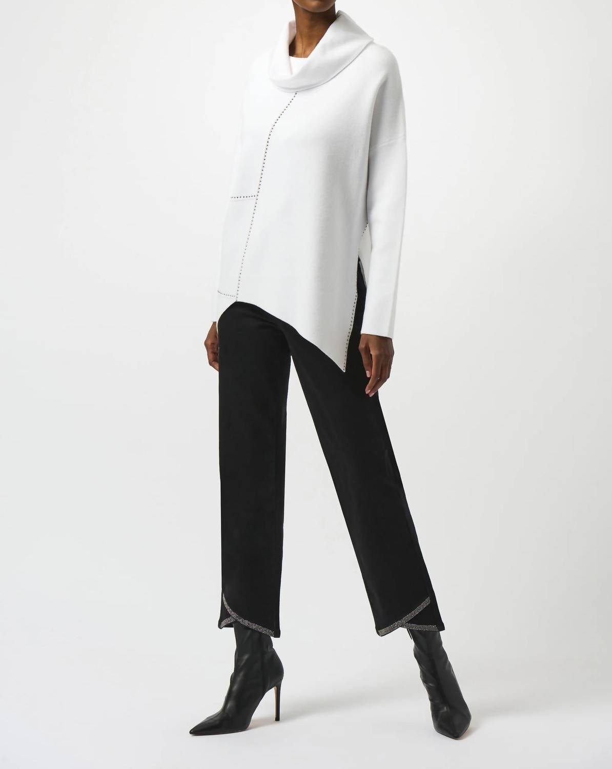 Joseph Ribkoff - Cowl Neck Embellished Asymmetric Sweater Top