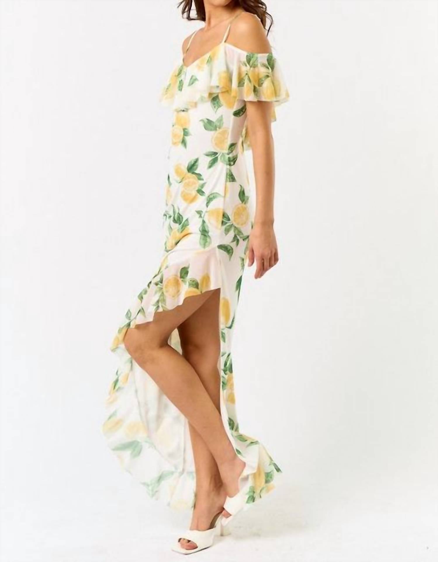 Blue Blush Sunsets In Capri Ruffle Midi Dress in capri ruffle midi dress in lemon - women's dress - detail view