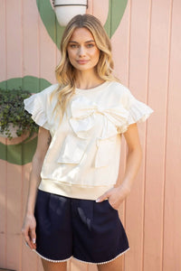 Voy - Contrast Ribbon Ruffle Sleeve Sweat Top