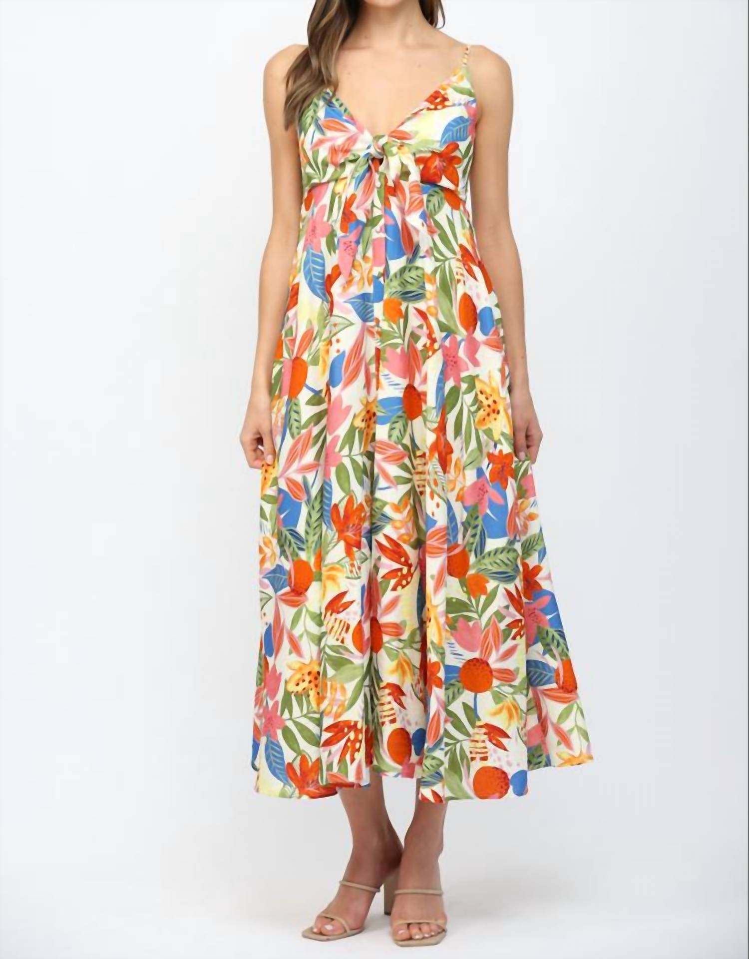Fate - Front Bow Tie Floral Spaghetti Strap Midi Dress