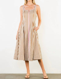 THML Gingham Midi Dress in brown pink - women's dress