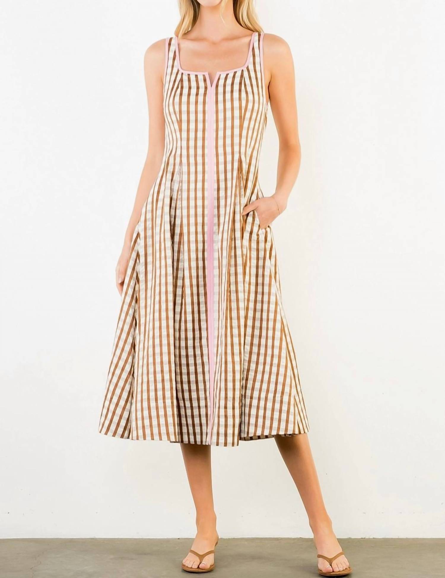THML Gingham Midi Dress in brown pink - women's dress