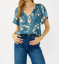 Lovestitch - Finley Floral Shirred Split Neck Top