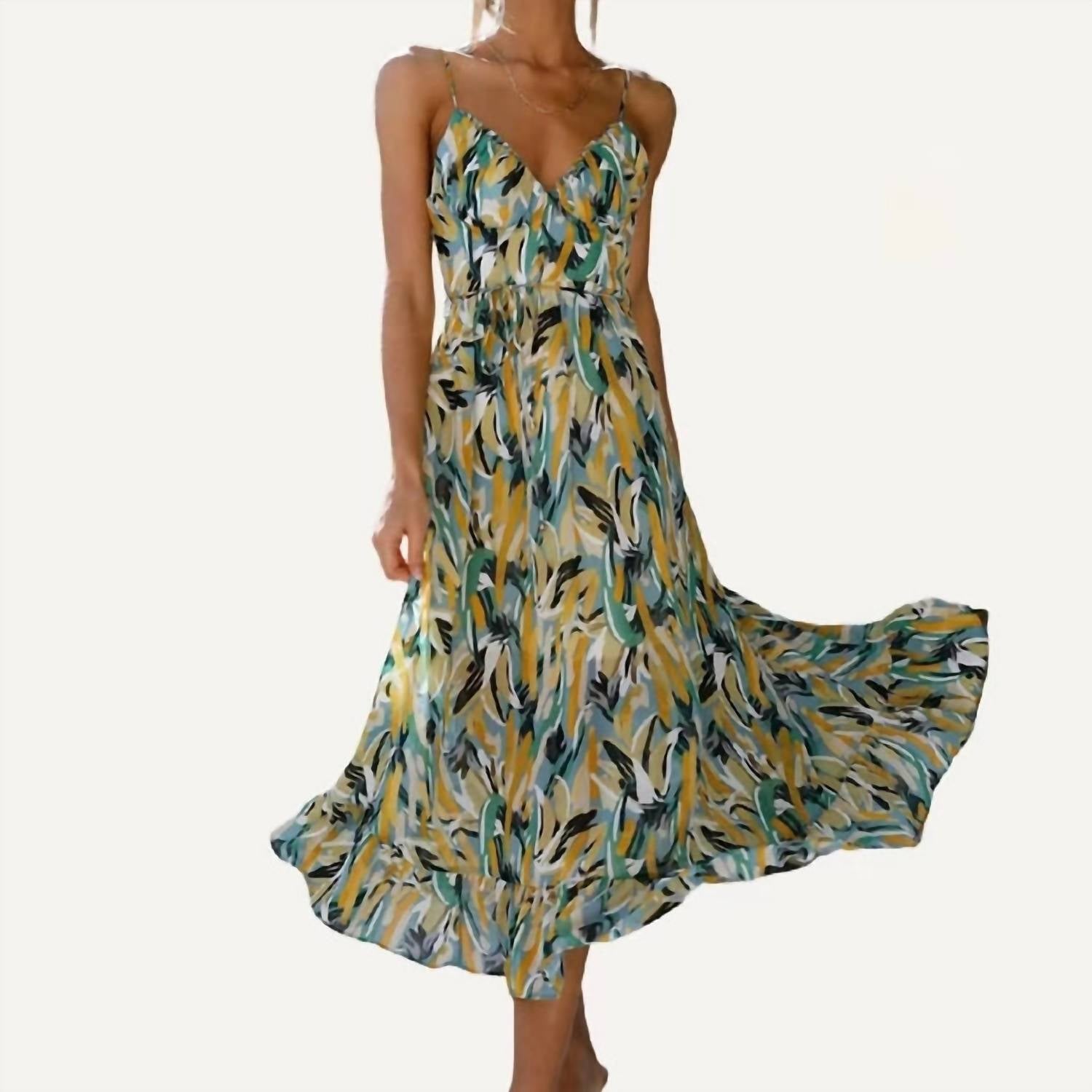 The Moment Collection - Pattern V Neck Spaghetti Straps Midi Dress