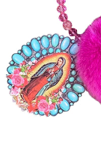 SW TRADING Women's Beaded Pom Pom And Our Lady Of Guadalupe Keychain in hot pink - women's accessory - alternate view