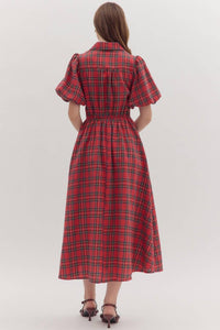 entro Plaid Puff Sleeve Midi Dress in red - women's dress - alternate view