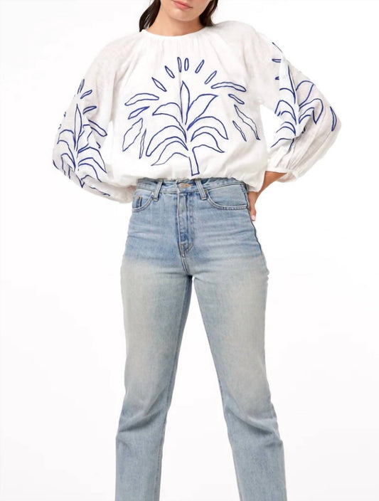 Ciebon - Embroidered Bishop Sleeve Bubble Top