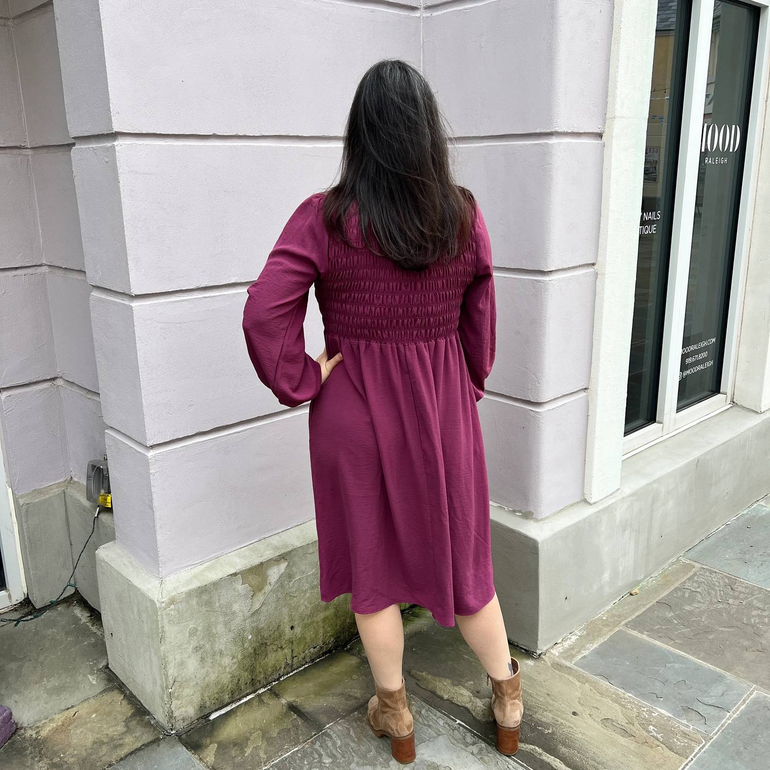Cotton Bleu - Smocking Detail Long Sleeve Dress