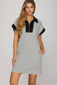 She + Sky - Half-zip Stripe Collar Mini Dress