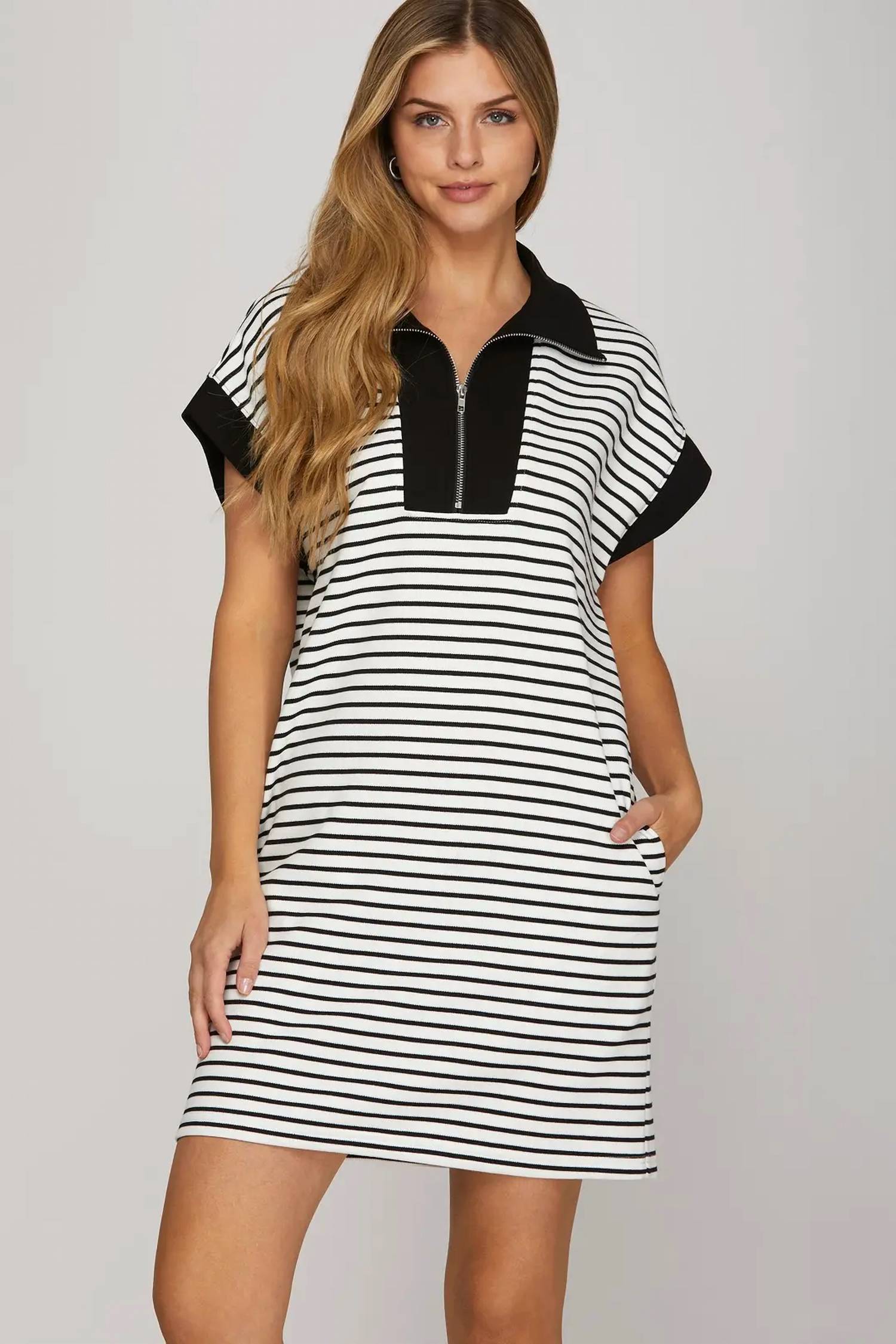 She + Sky - Half-zip Stripe Collar Mini Dress