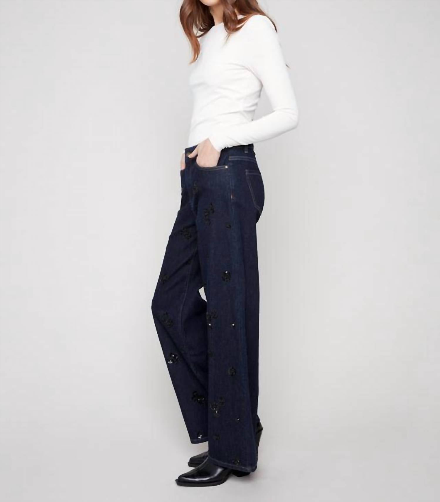 Charlie B - Wide Leg Sequin Embroidered Jeans