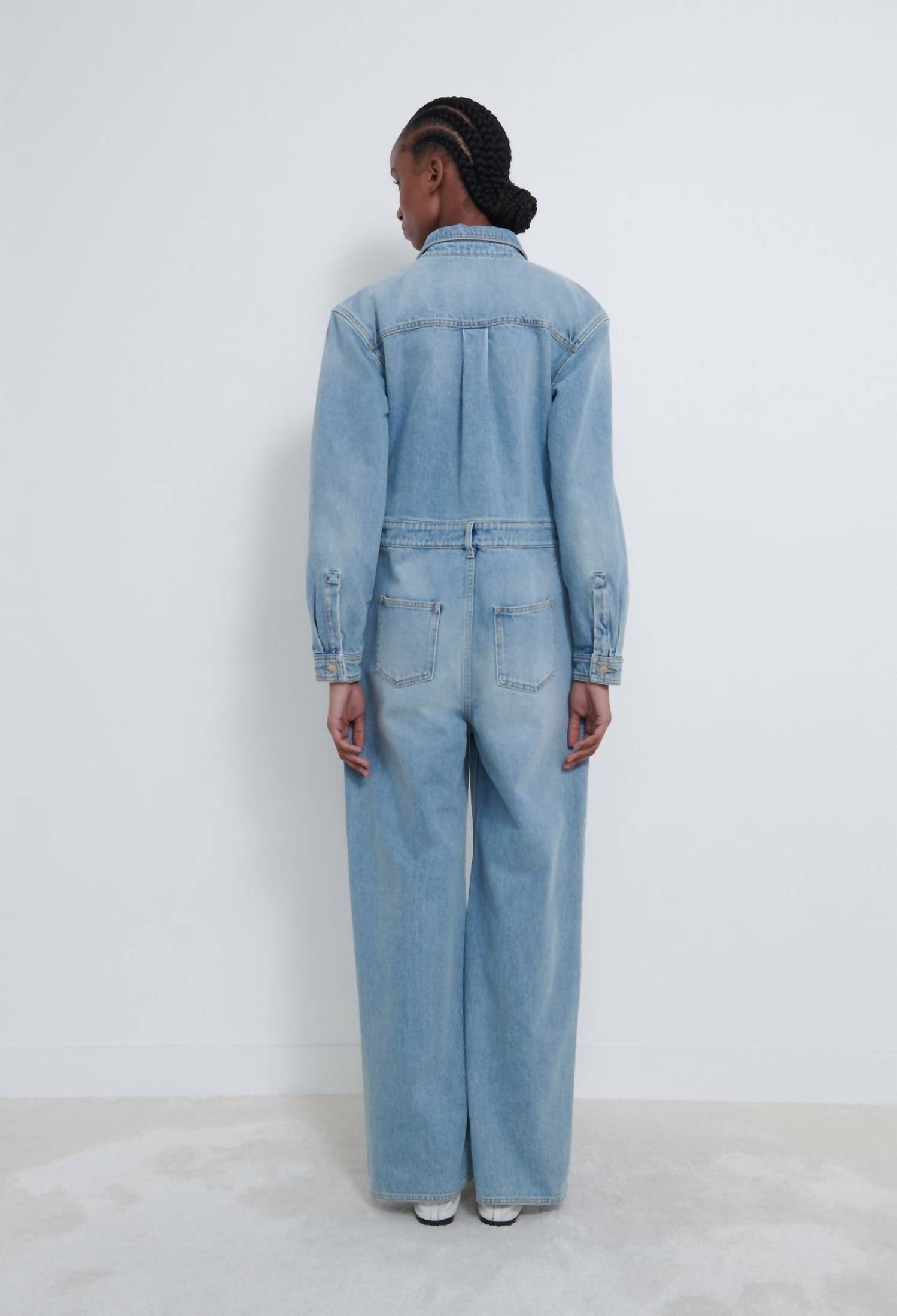 Loulou de Saison Panay Denim Jumpsuit in washed light blue - women's pants - detail view