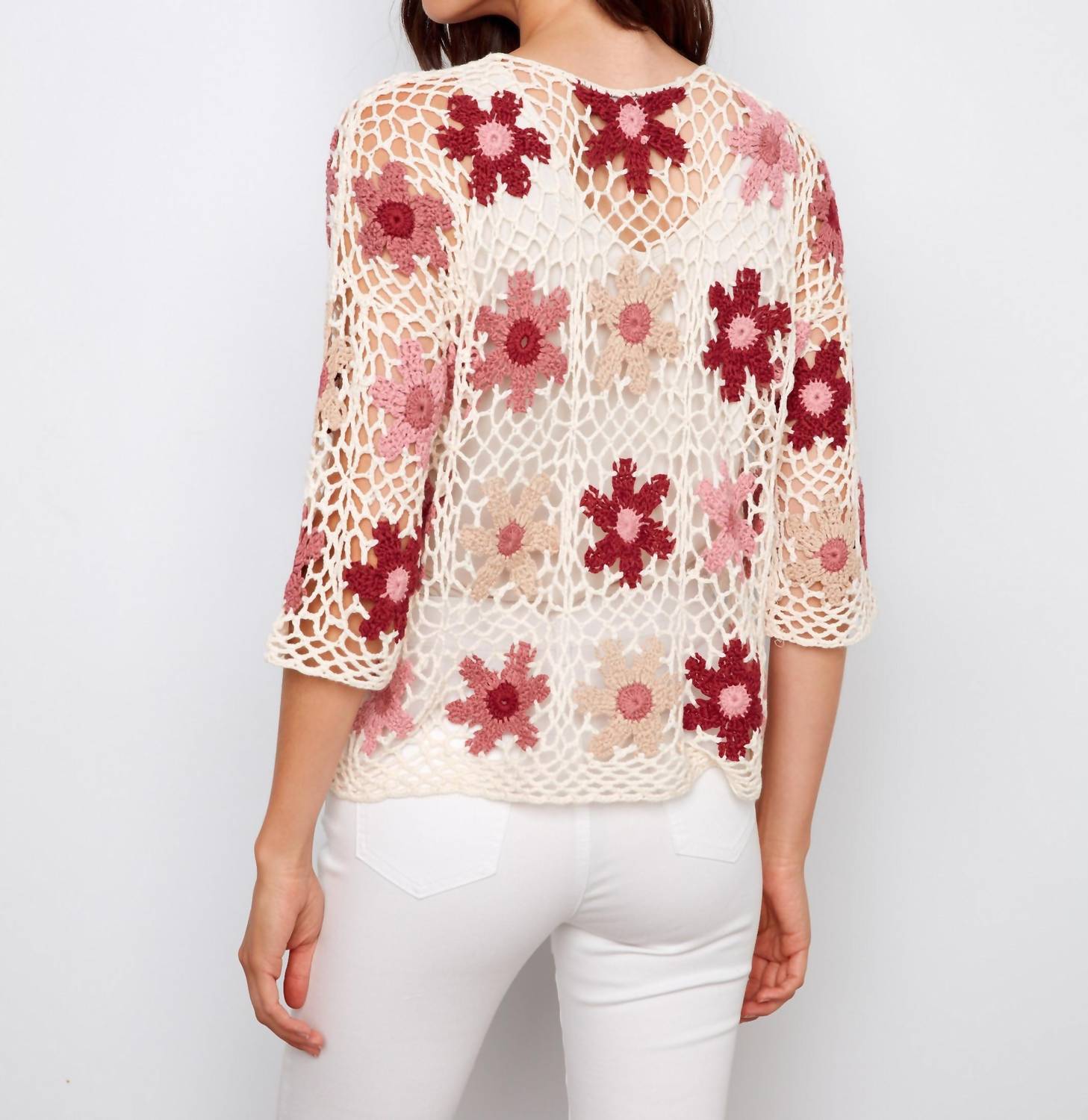 CHARLIE B Floral Crochet Sweater in carnation - women's sweater - alternate view