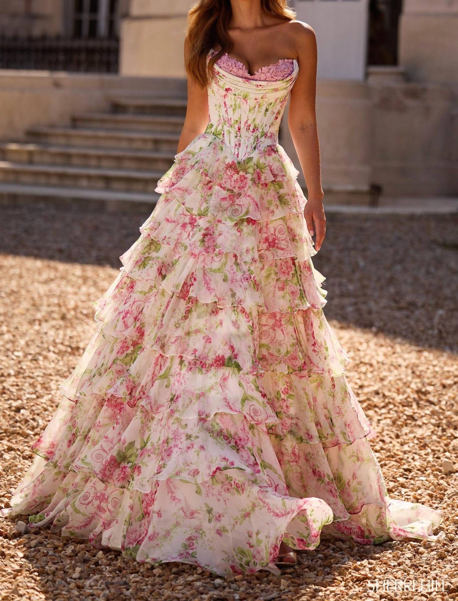 Sherri Hill - Corset Top Ruffle Skirt Floral Dress