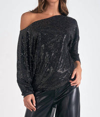 ELAN Off the Shoulder Sparkle Top in black - women's long sleeve top