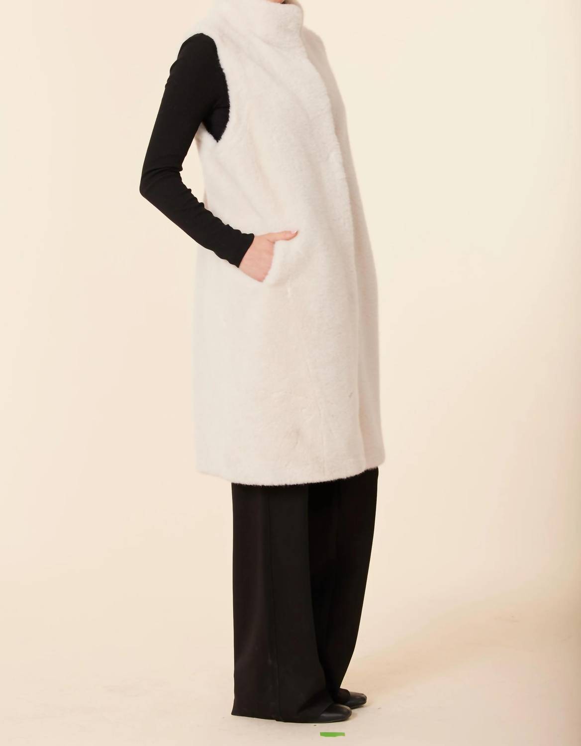 DOLCE CABO Faux Fur Long Vest in creme - women's jacket - detail view