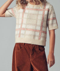 Urban Daizy Plaid Short Sleeve Knit Sweater Top in ivory - women's sweater - detail view