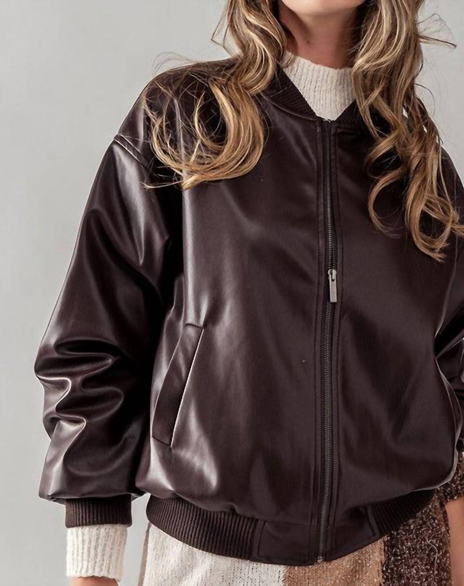 Double Zero - Loose Fit Zip Up Leather Bomber Jacket